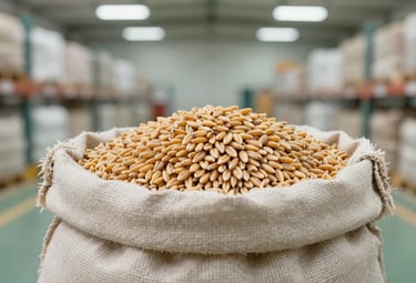 Close-up photography of high-quality golden grains in a burlap sack inside a clean, modern, well-lit export warehouse. Muted green and off-white tones.