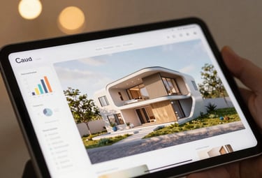 A close-up of a high-resolution tablet displaying a 3D architectural render of a futuristic home alongside digital marketing graphs. Soft gold bokeh lighting in the background #C4A05B.