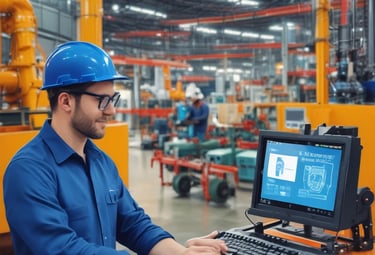 Several blue industrial electric motors are mounted on steel bases, connected to pipes and other machinery with electrical cables. The setting appears to be a mechanical or industrial facility with focused lighting on the motors and parts.