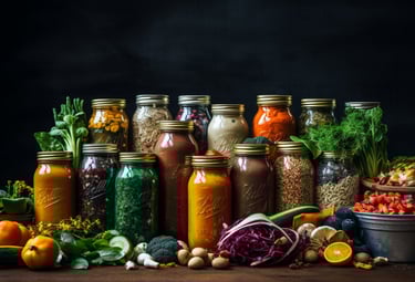 A variety of colorful preserved vegetables and fermented foods in glass mason jars on a dark background.