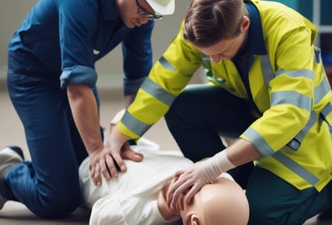 Close-up of hands performing CPR on a training mannequin during a first aid course.