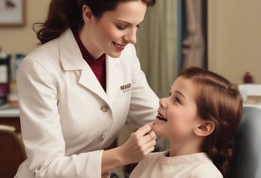 A person in a blue shirt with the logo 'Angels for Humanity' provides dental care to a young patient lying on a dental chair. The setting appears to be a makeshift dental clinic with blue medical equipment and supplies on tables. Other team members in similar attire are visible in the background, some attending to other patients.