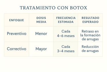 Tabla comparativa de bótox preventivo y correctivo con enfoque, dosis y frecuencia.