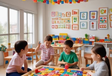 Brightly colored magnetic letters and shapes arranged on a black surface. Different colors and shapes give a playful and educational feel. Text reads 'FUN WITH KIDS' made up of various colorful letters and accompanied by several playful magnets depicting different objects.