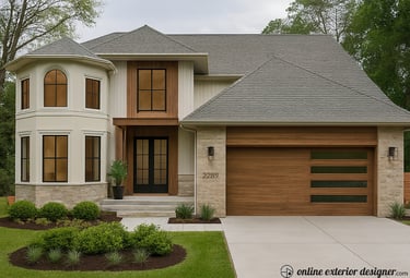 Creamy house, wood garage, wood siding accents, off white exterior, transitional house