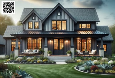 modern farmhouse, black siding, fark gray, blakc windows, stone accents, porch