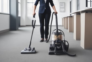 A professional cleaning technician using a vacuum on a plush carpet in a cozy room.