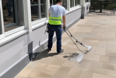 A professional cleaning technician using a vacuum on a plush carpet in a cozy room.