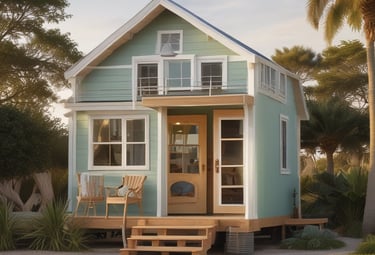 A small, modern tiny house on wheels is situated in a grassy field surrounded by tall trees. The structure is painted in a subdued grayish-blue color and features a window and a small outdoor deck with a table and chairs.