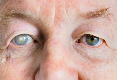 Idoso com catarata visível em um dos olhos, contrastando com o outro olho saudável