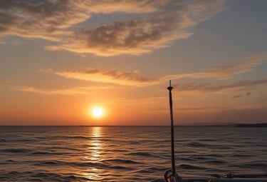 A luxury yacht is cruising through a calm, blue sea, with people on board enjoying the view. The sky is clear, and the ocean stretches into the horizon.