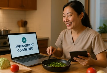 Asian female doctor smiling at computer showing appointment confirmation.