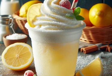 a cup of frosted lemonade topped with a cherry next to a basket of lemons and non-dairy milk