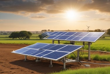 A solar panel is positioned among lush greenery, with large leaves and a tree trunk providing a natural backdrop. The sunlight casts soft shadows across the panel, highlighting its photovoltaic cells.