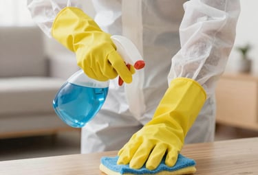 A person wearing yellow gloves cleaning the living room of a house in Georgia.