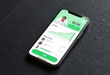A high-tech smartphone mockup showing a sophisticated fitness app UI with progress charts and coach chat, resting on a sleek black gym floor #0A0A0A with green #4A8C67 UI elements.