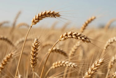 Close-up photography of golden wheat stalks swaying in the breeze under a clear North American sky. The lighting is warm and natural, emphasizing the high-quality harvest and rustic textures.