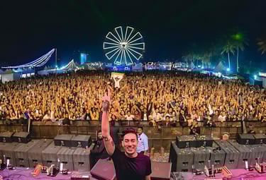 a man in a black shirt and a ferris wheel