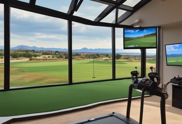 A person is focused on putting a golf ball on a green course. They are wearing a black long-sleeve top, light-colored shorts, and white athletic shoes. A golf club is held in their hands and a golf flag is visible in the background. The surroundings include lush green grass and trees under an overcast sky.