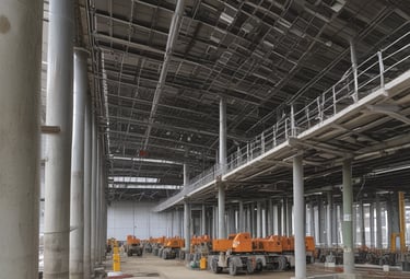 A construction site with a large, metallic building featuring the CSCEC logo and Chinese characters on it. Surrounding the building are tall apartment complexes in the background. Signs are visible, including one indicating an exit with English and Chinese text, and several informational signs in Chinese.