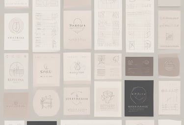 alt="Brand design elements including logo sketches, typography grids, and color palette swatches in