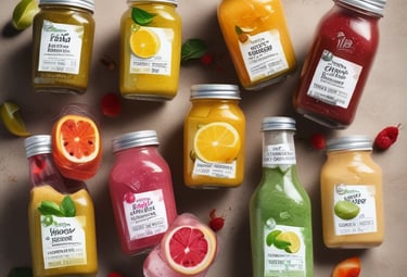 Colorful smoothie bowls topped with seeds, nuts, and fresh fruit in a bright café setting.