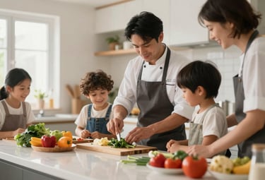 A collaborative cooking scene in a bright kitchen, where a chef is teaching a family the art of meal prepping. Warm natural light and fresh ingredients on the counter.