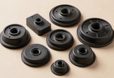 Commercial photography of industrial suction vacuum pads in various sizes, arranged on a neutral beige surface. The lighting is precise and clean, highlighting the rubber texture and professional quality.