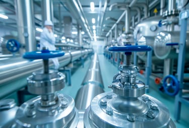 Tuberías industriales de acero y válvulas de control azules en una instalación de fábrica moderna.