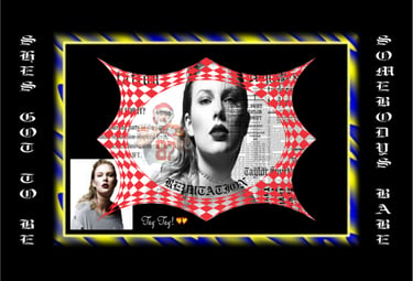 Taylor Swift Reputation album art collage with red checkered pattern and Travis Kelce graphic.