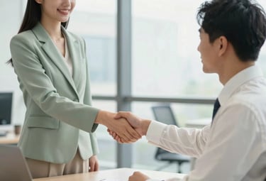 A professional handshake between a young job seeker and a recruiter in a bright office, symbolizing a successful placement. The lighting is crisp, and both parties wear professional attire in shades of muted sage green and crisp off-white.