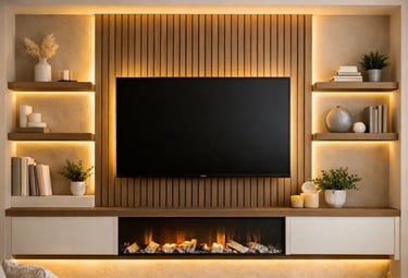 a tv wall mounted on a wall with a tv and a fireplace