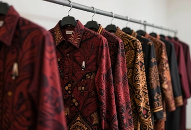 A row of neatly hung batik uniforms for a professional institution, featuring deep crimson and black patterns, arranged in a bright, modern studio.