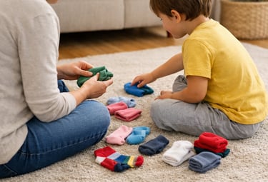 Child and parent matching pairs of socks together at home