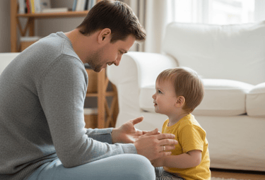 Child and parent pronouncing simple sounds and words together at home