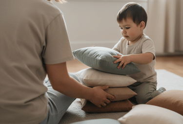 Child stacking cushions at home to practice balance and coordination