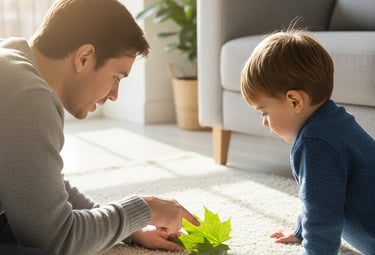 Parent and child quietly observing an object together at home