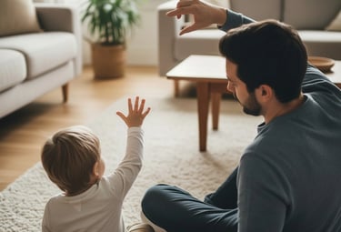 Child doing air drawing indoors at home with parent