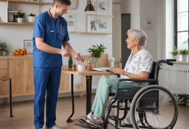 A group of friendly caregivers chatting with elderly residents in a nursing home garden.