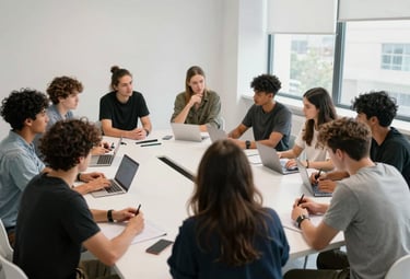 A professional training workshop in a bright, modern International / Global studio. A diverse group of learners is engaged in a creative brainstorming session around a white table.