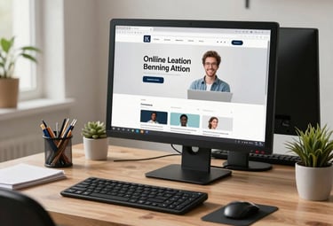 A professional desk setup in a Colombian home office with a computer screen displaying an online learning platform, bright and organized workspace.