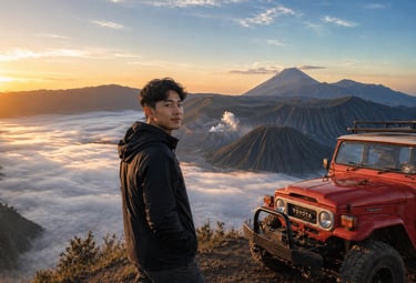A man stands beside a red vintage Toyota Land Cruiser overlooking Mount Bromo volcano and a sea of clouds at sunrise in