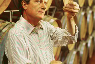 A person reviewing the sediment in a wine glass