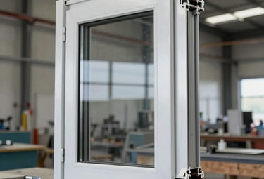 Modern metal window frame installed in an industrial-style building.