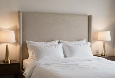 A bright, clean image of a master bedroom featuring a large upholstered headboard, crisp off-white linens, and gold-finished bedside lamps in a contemporary South Asian / Indian home.