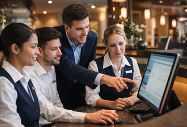 Hotel front office training session with a supervisor coaching reception staff on PMS
