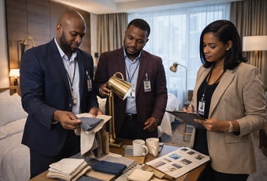 African hotel team reviewing furniture and materials during CAPEX and OS&E planning