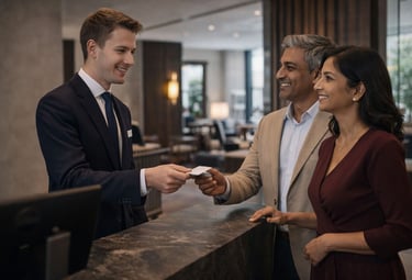 Hotel receptionist checking in guests at front desk