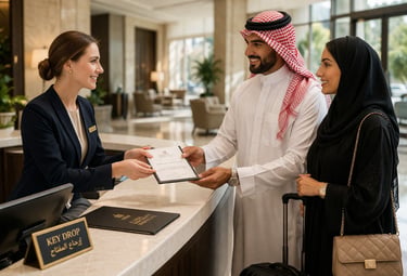 Hotel receptionist assisting guests during check-out