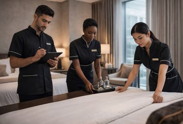 Hotel housekeeping team inspecting guest room cleanliness